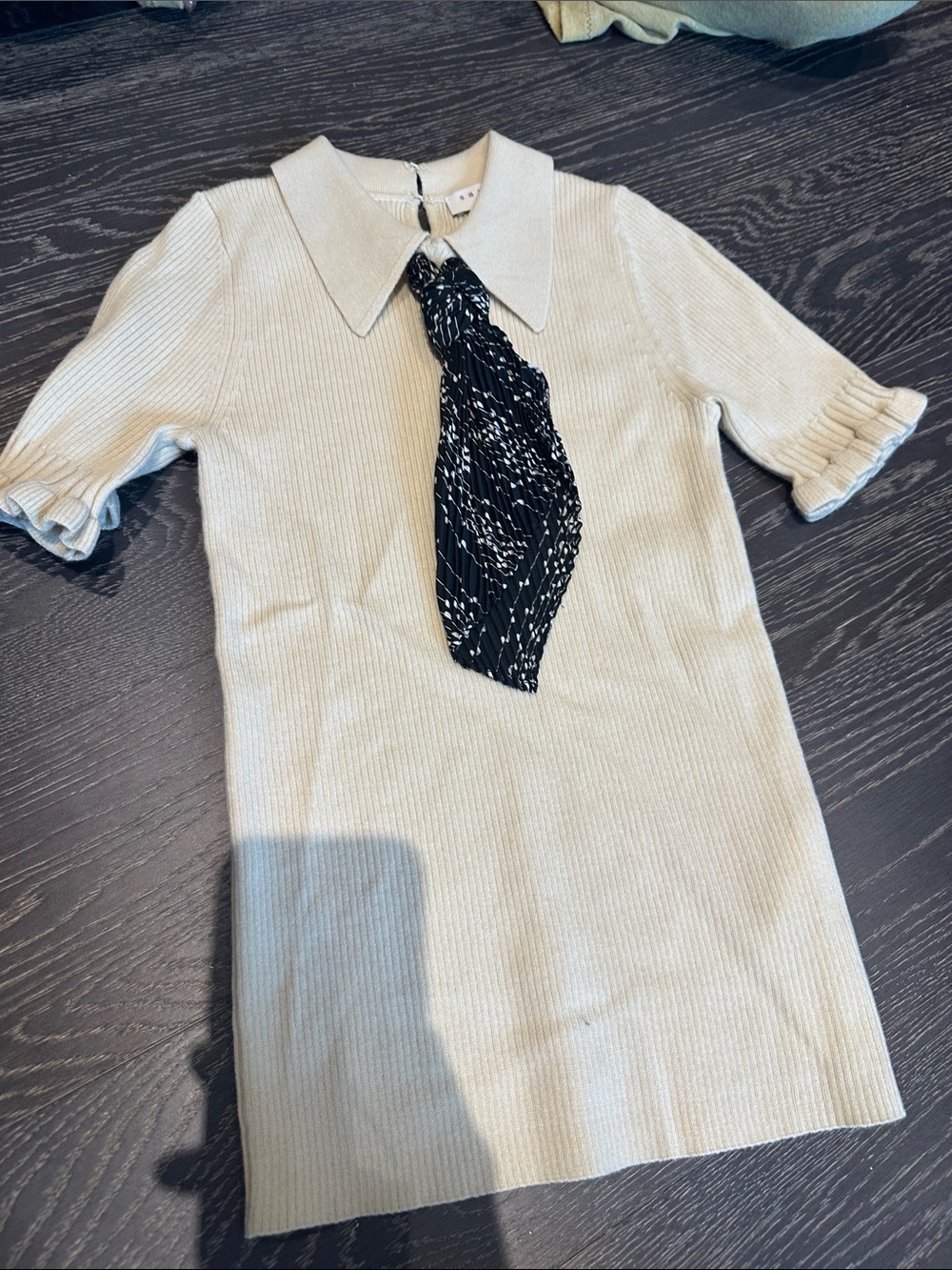 Sandro Cream Ribbed Knit Top with Black Patterned Tie